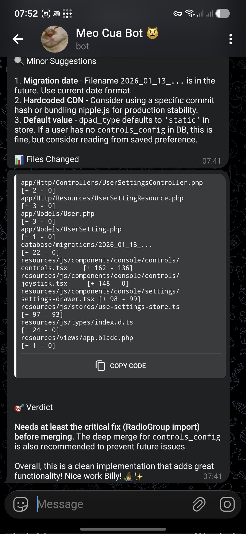 CoderClaw PR review feedback delivered in Telegram