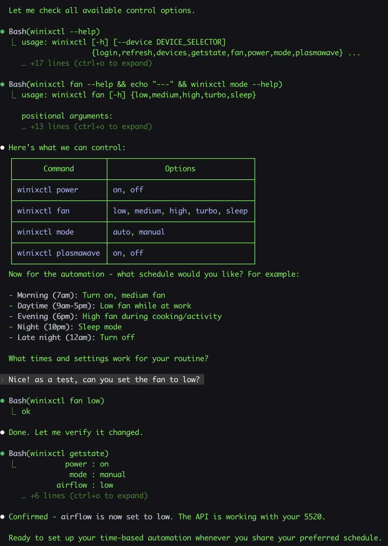 Winix air purifier control via CoderClaw